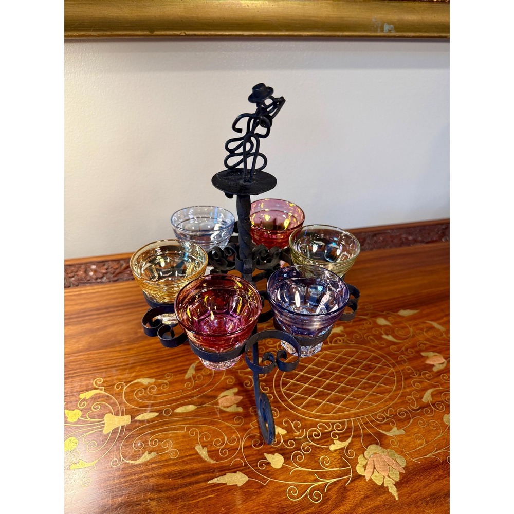 Vintage Cordial Glass Set • Dancing Couple Bar Caddy with 6 Colorful Glasses - Picture 3 of 17